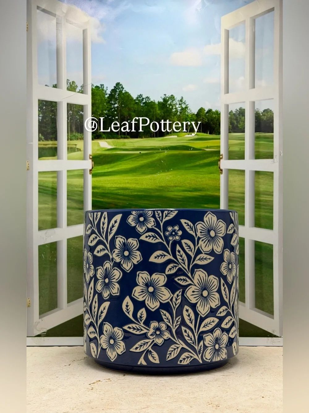 Blue and White Floral Ceramic Planter with Drainage Hole, 7 Inch Flower Pot